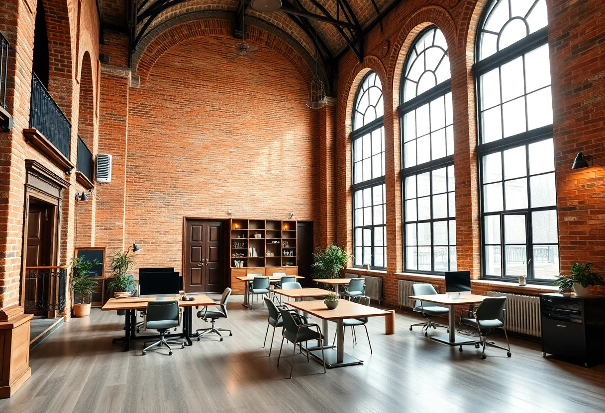 A beautifully restored historical building interior with modern coworking furniture and large arched windows.