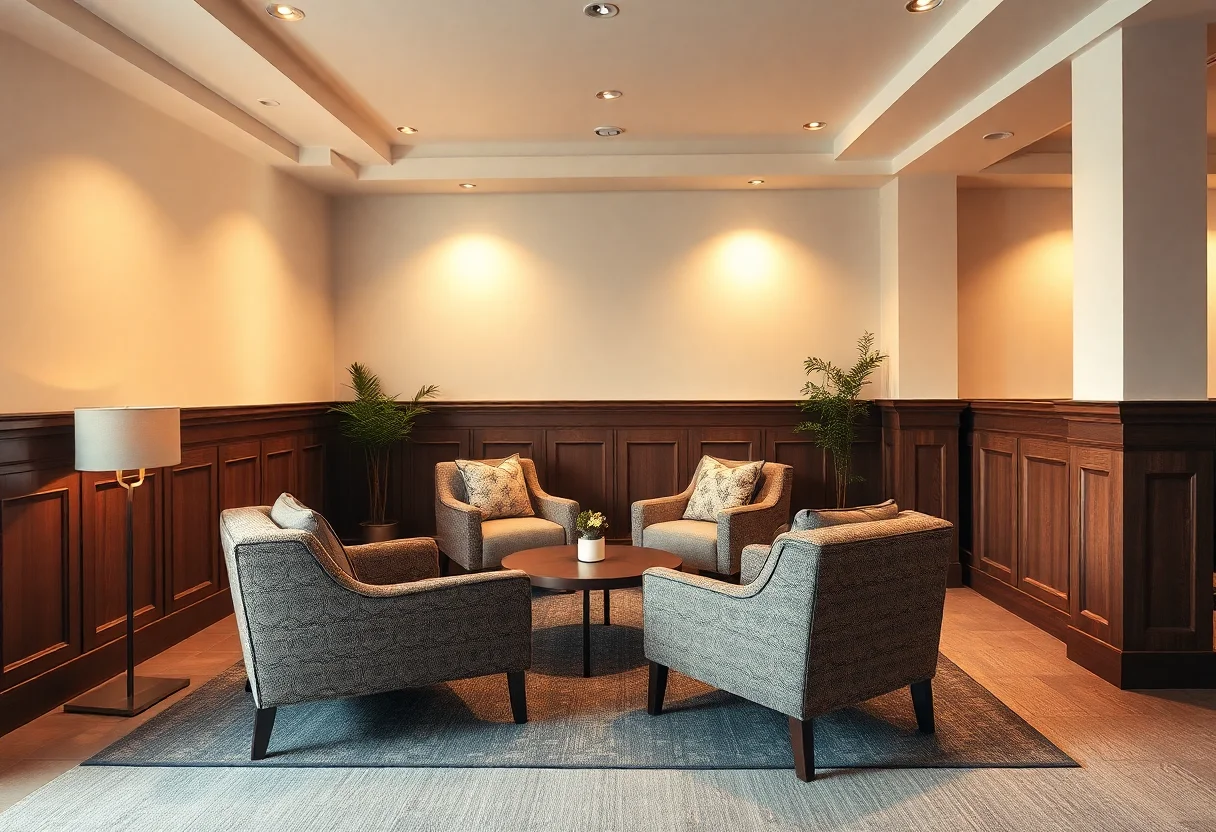 A cozy lounge area with comfortable armchairs and warm lighting.