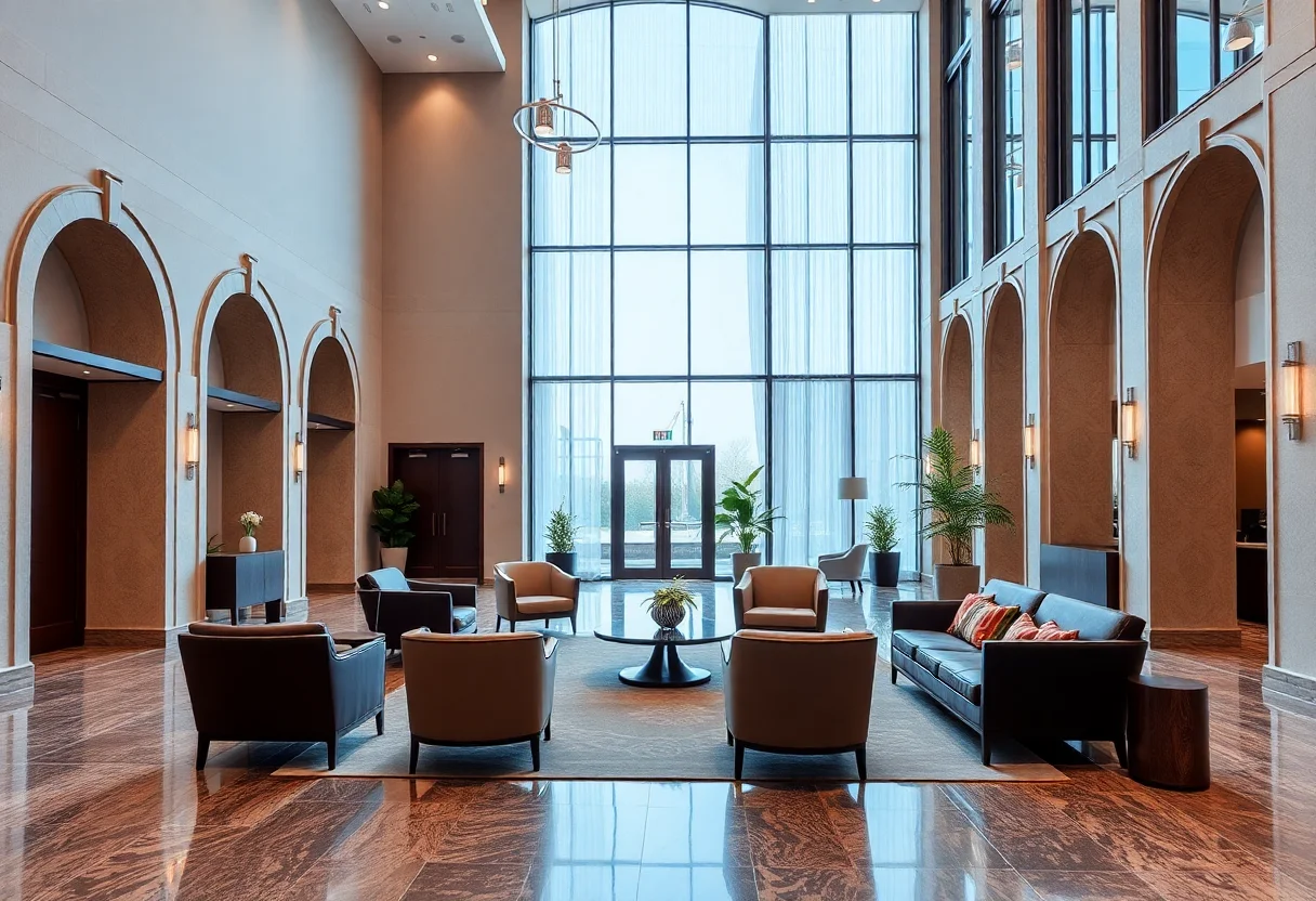 A modern and elegant office lobby with comfortable seating, combining historical architectural elements with contemporary design.