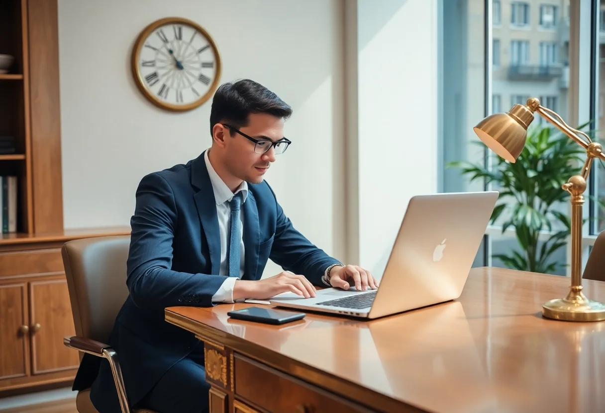 A professional working on a laptop at a brass-accented desk.