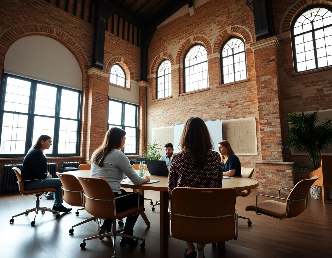 A team collaborating in a modern meeting room within a historical building.