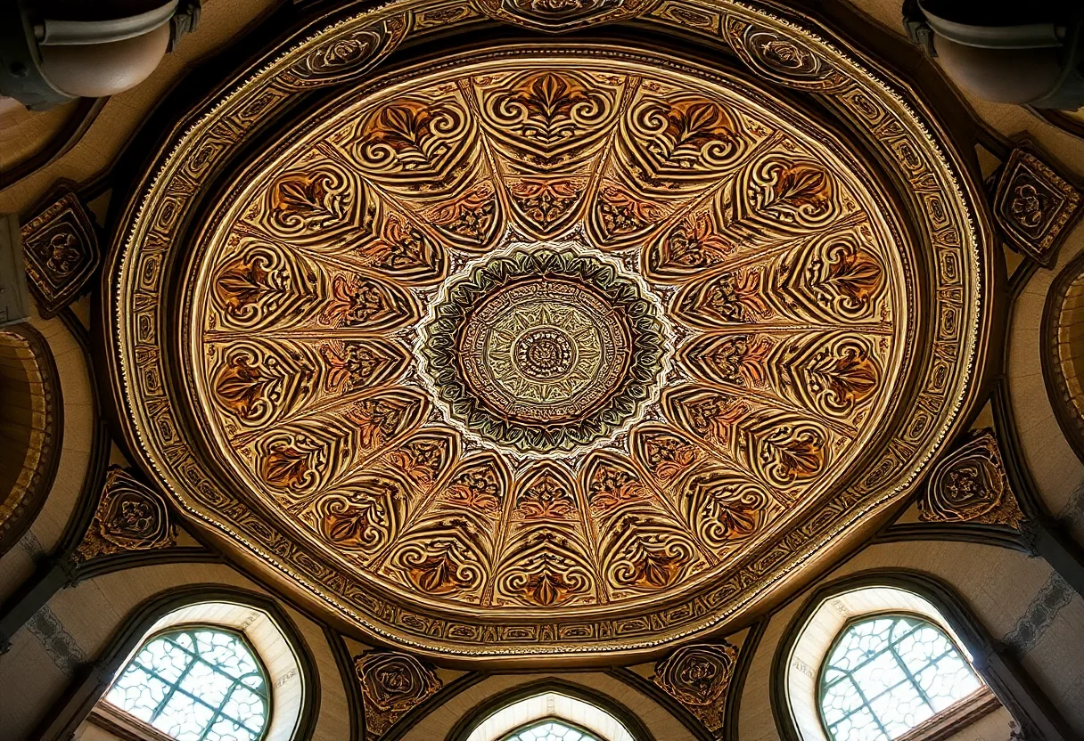 A view of an ornate ceiling in a restored Ottoman-era building.