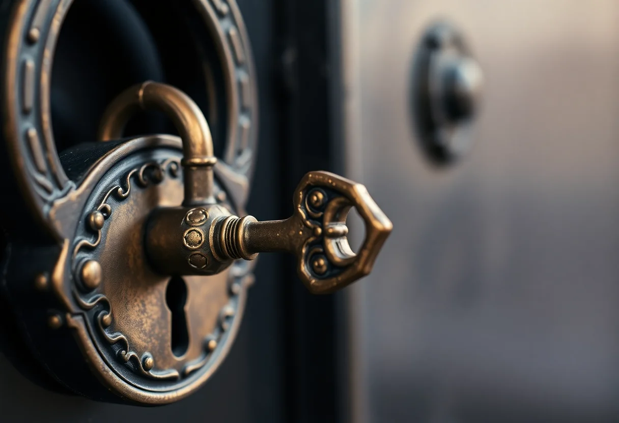 An old-fashioned brass key inserted into an ornate lock, symbolizing security and protection.