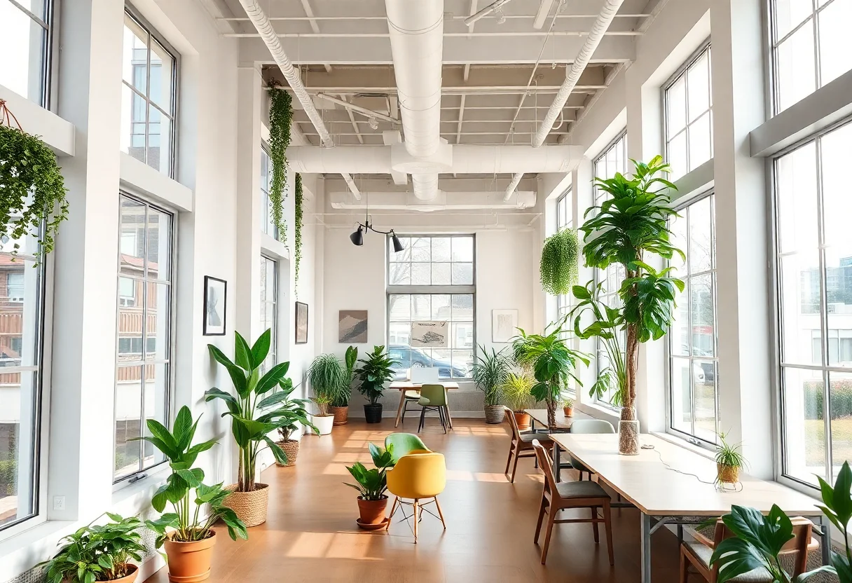Bright and airy co-working space with large windows, plants, and artistic decor.