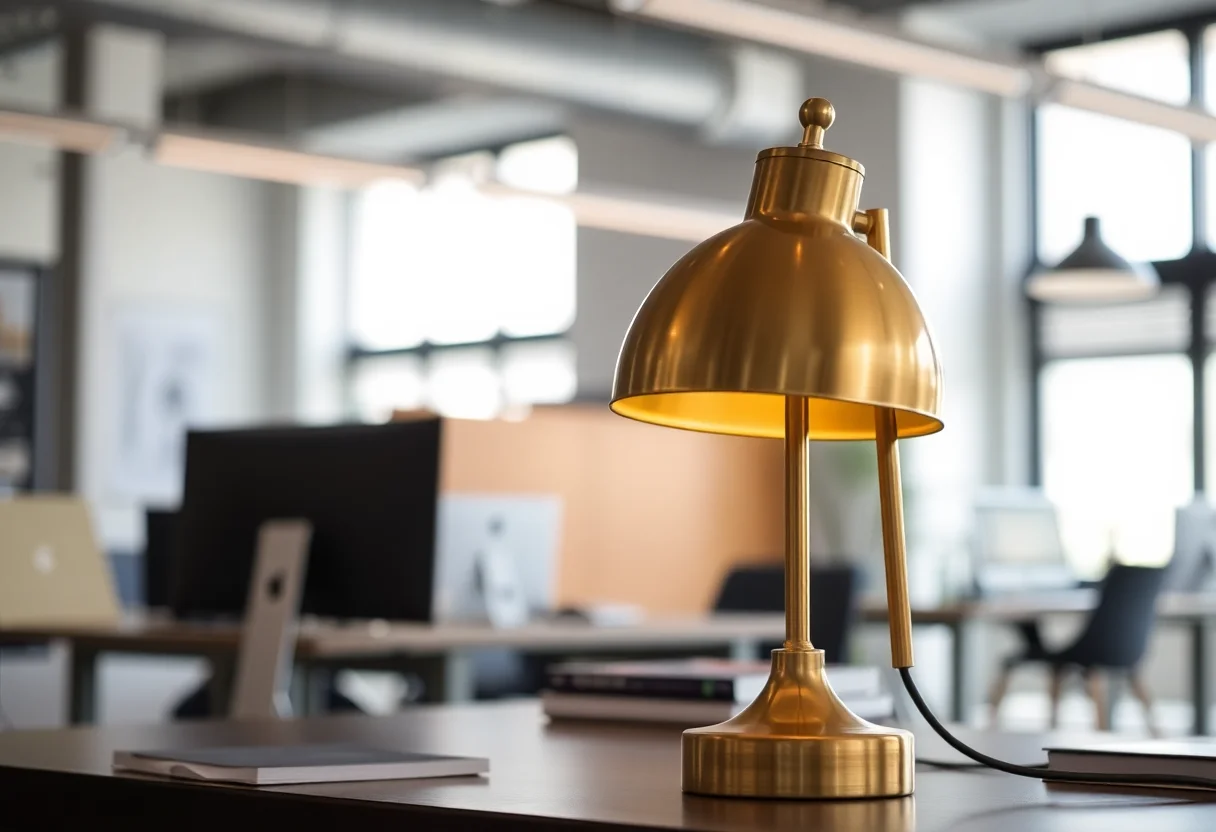 Close-up of a brass lamp on a desk in a coworking space.