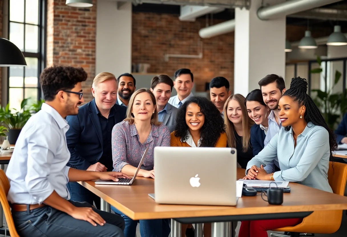 Diverse group of people working together in a shared office space.