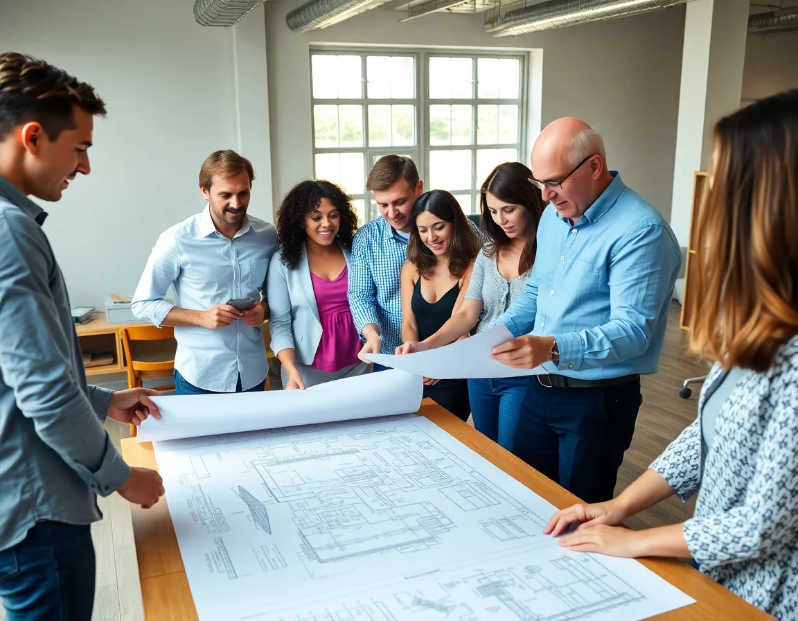 Diverse team of architects and designers collaborating around a table with blueprints.