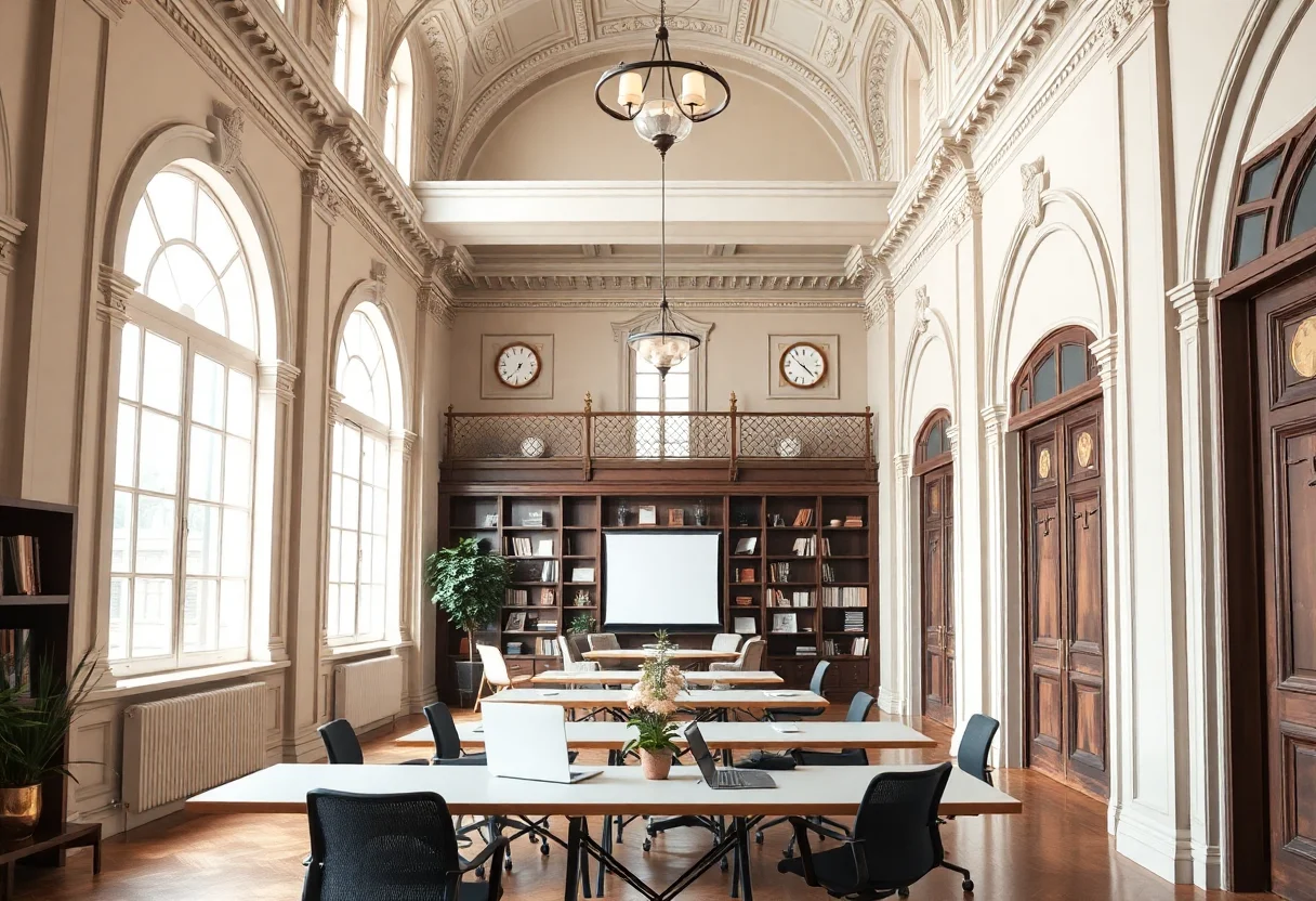 Elegant coworking space with high ceilings and historical architectural details.