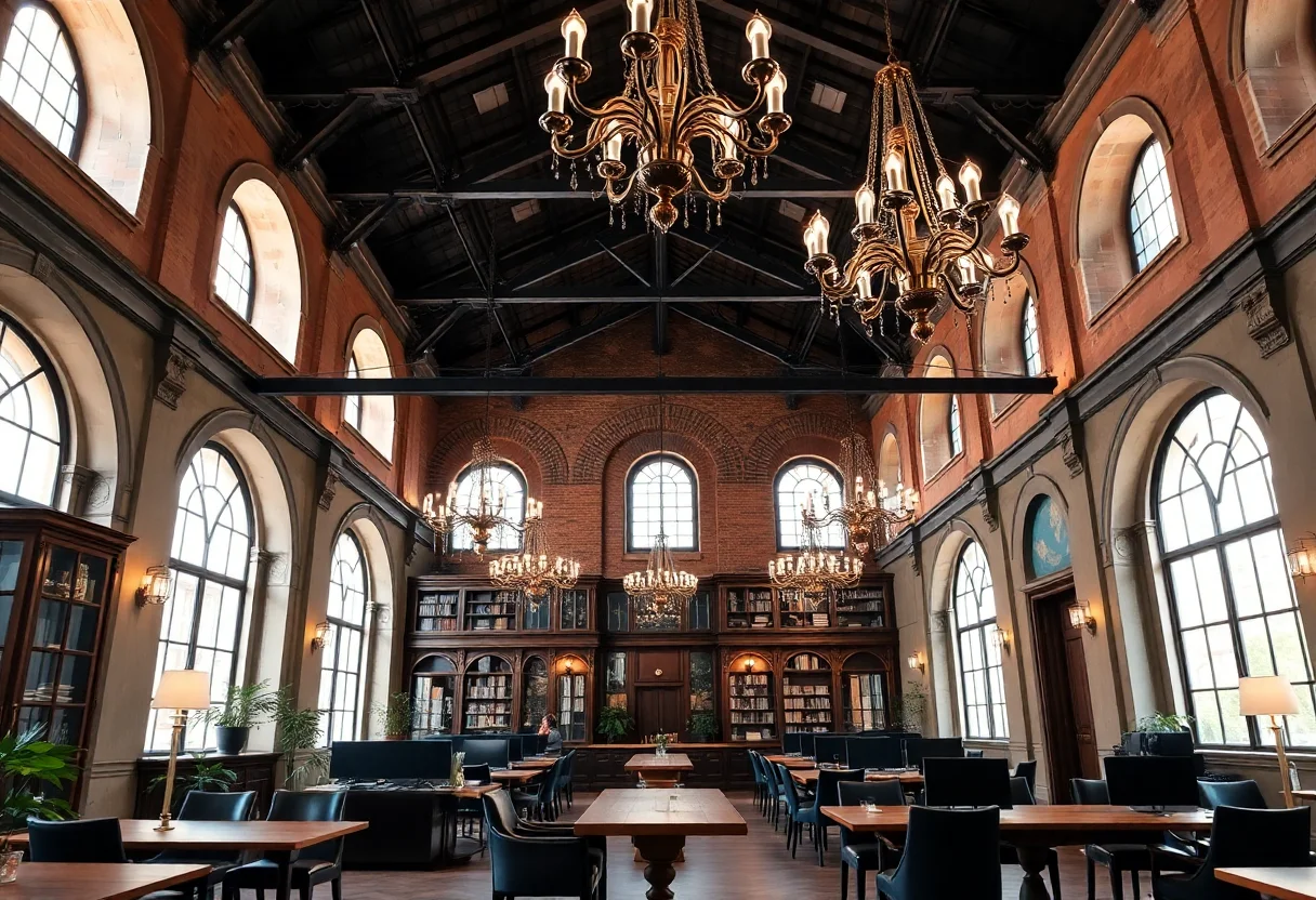 Luxurious and historic interior of a co-working space with high ceilings and chandeliers.