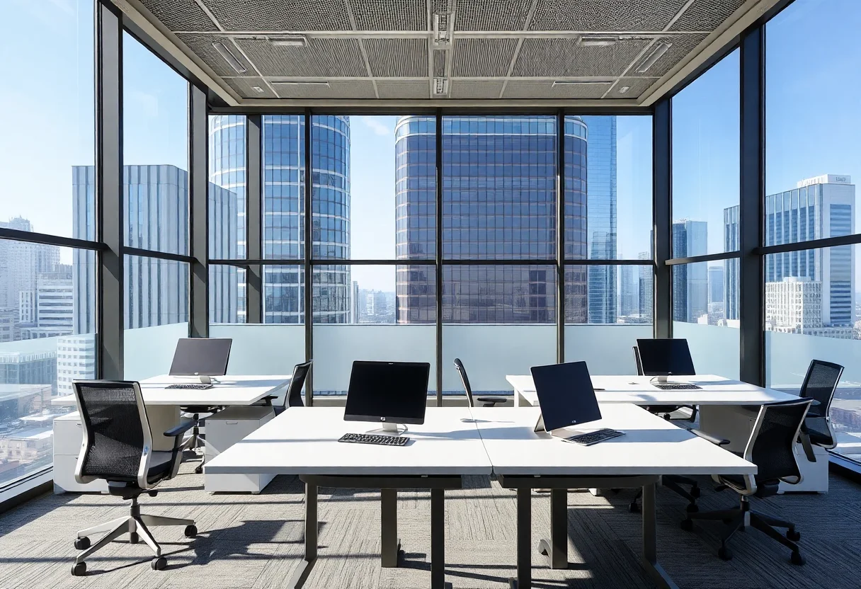 Modern office interior with sleek desks, ergonomic chairs, and large windows overlooking a city view.