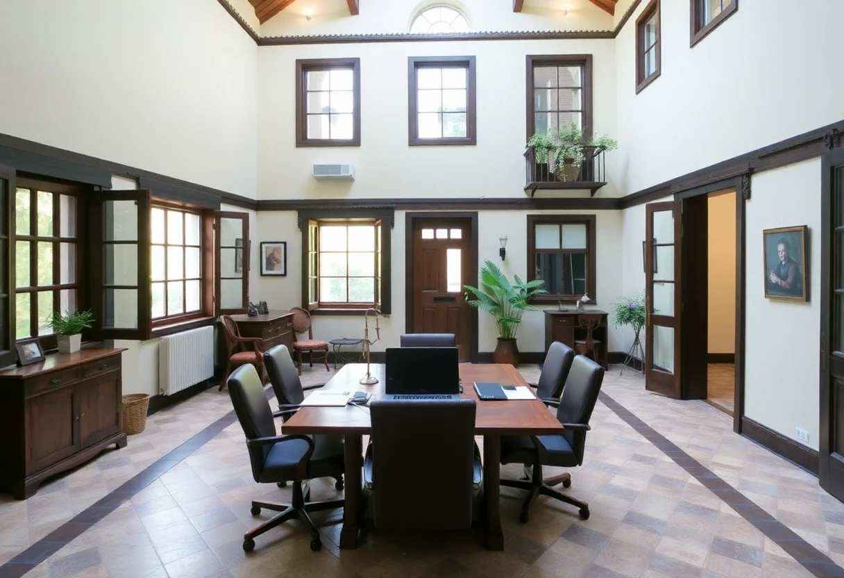 Renovated historical inn with an inner courtyard, now used as a professional office space.